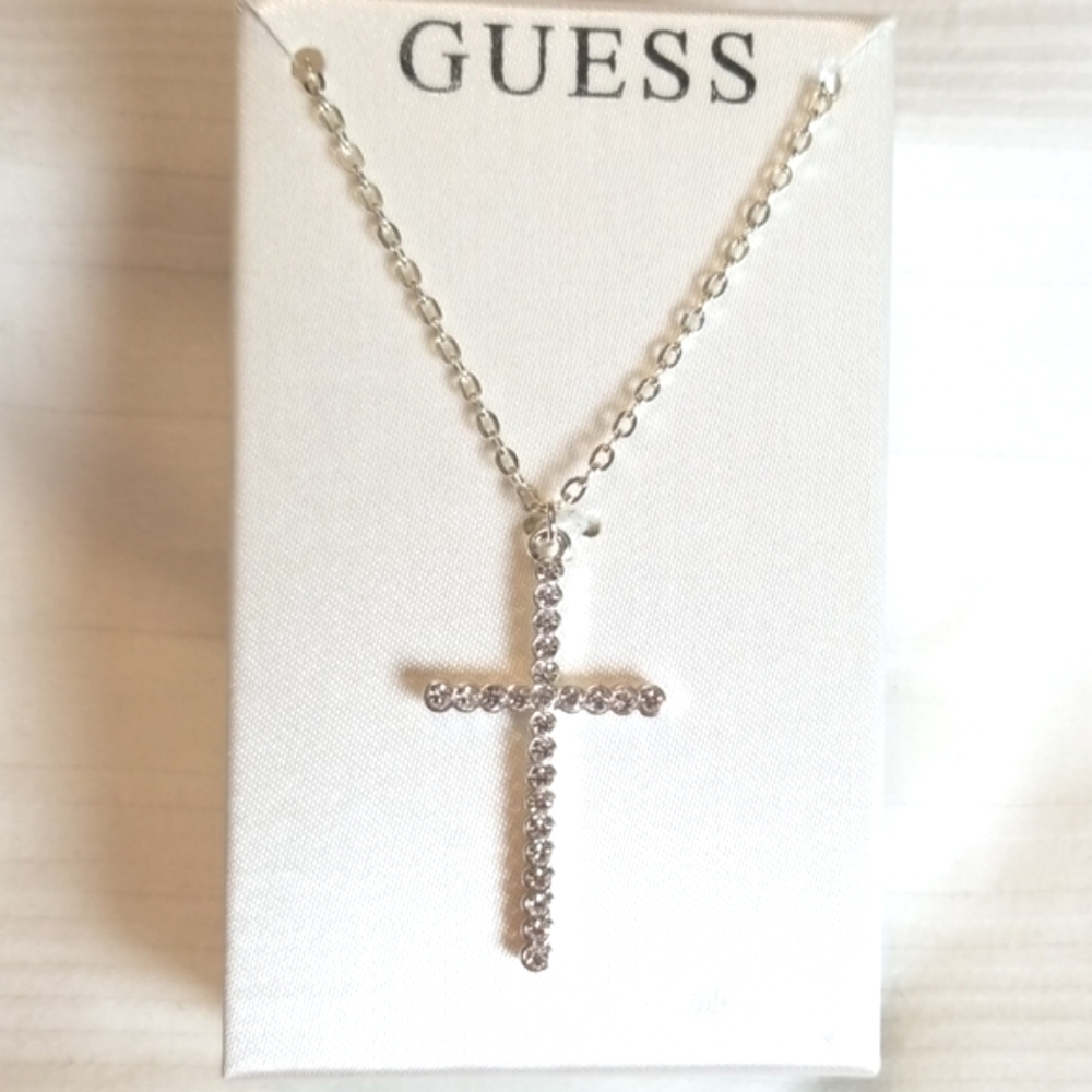 Guess Silver Rhinestone Cross Necklace